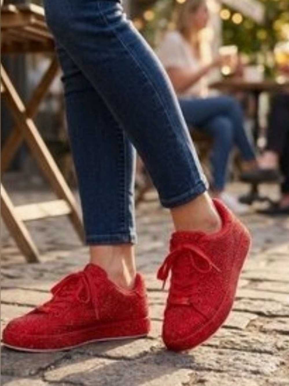 Lucky Step Women's Red Sparkly Lace-Up Casual Sneakers - Air Cooled Inside Sole